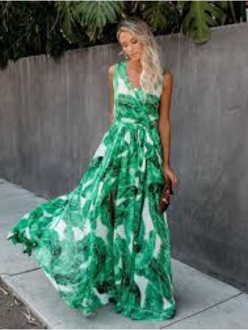 Olivaceous Green Leaf-Print V-Neck Maxi Dress